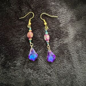 Purple Sea Sediment Jasper & Crystal Drop Earrings- gold plated wire